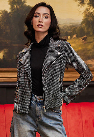 Sequin Biker Jacket in Black