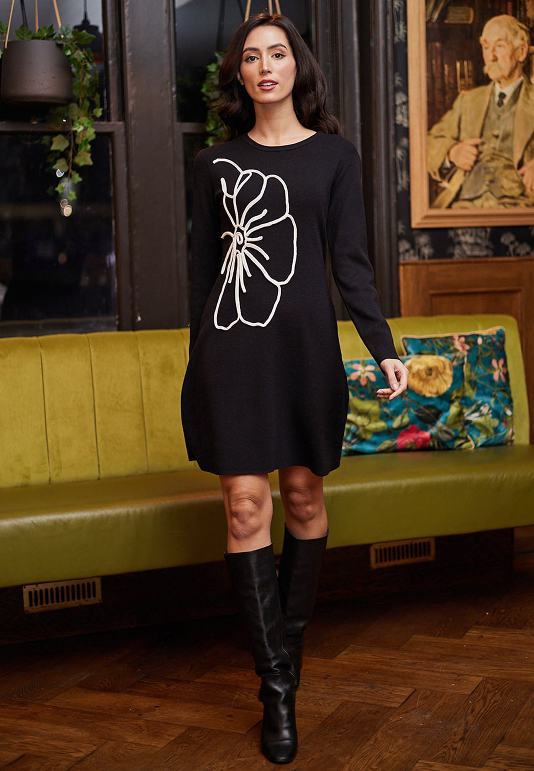 Mini Knit Dress in Black with White Flower | ANGELEYE Mini Knit Dress in Black with White Flower | ANGELEYE