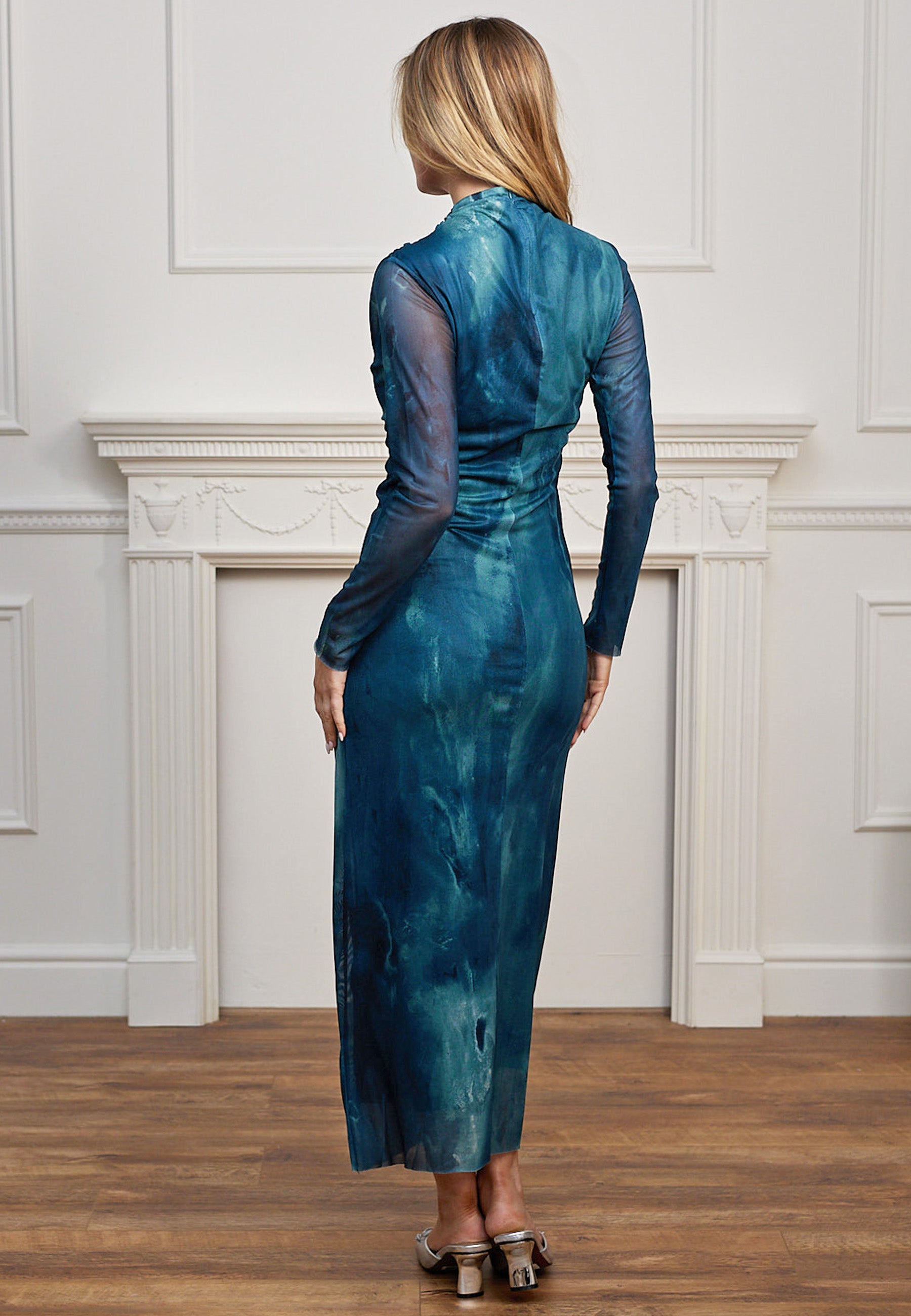 Mesh Bodycon Midi Dress in Teal Watercolour | ANGELEYE Mesh Bodycon Midi Dress in Teal Watercolour | ANGELEYE