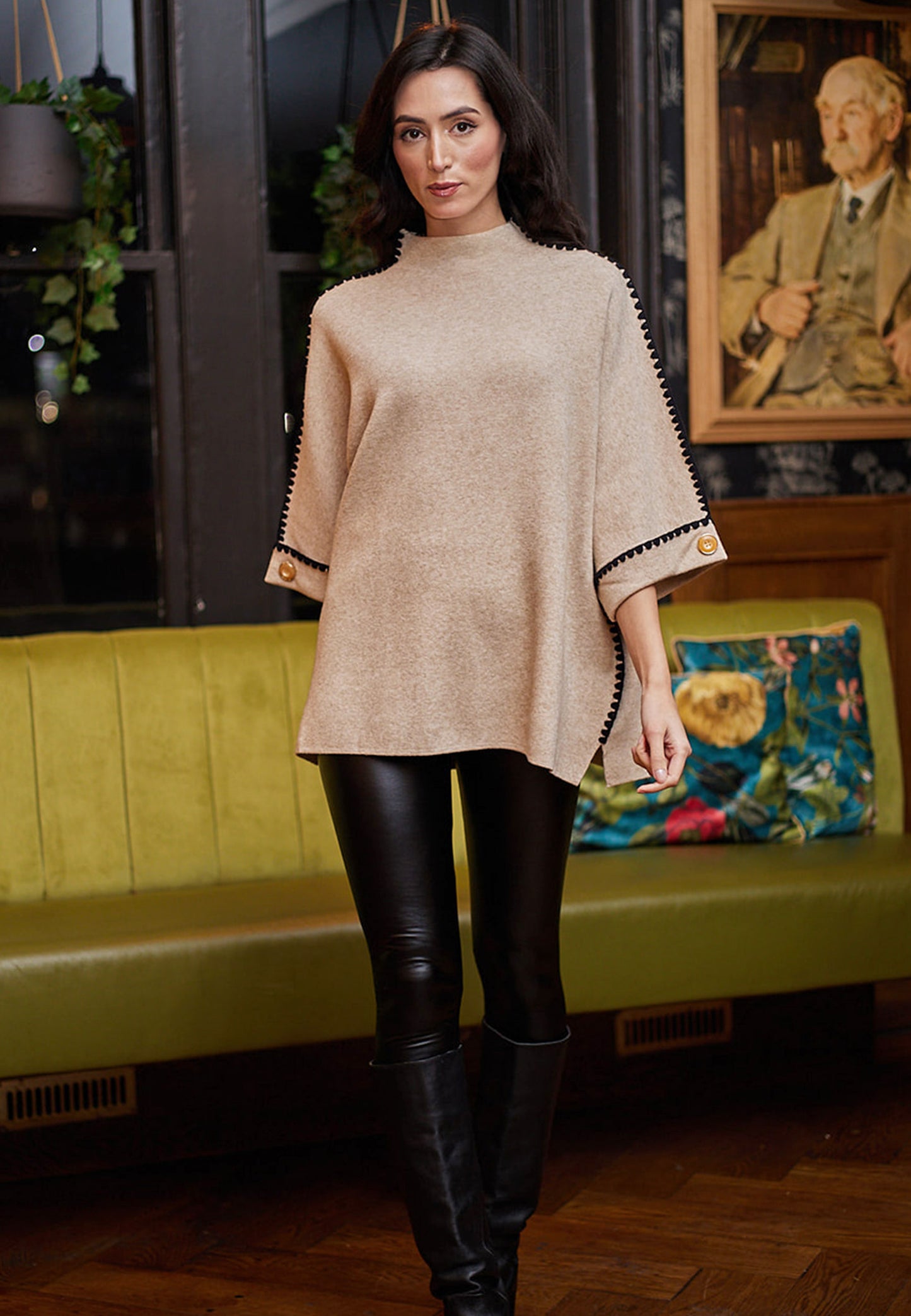 Mock Neck Beige Poncho with Black Hem