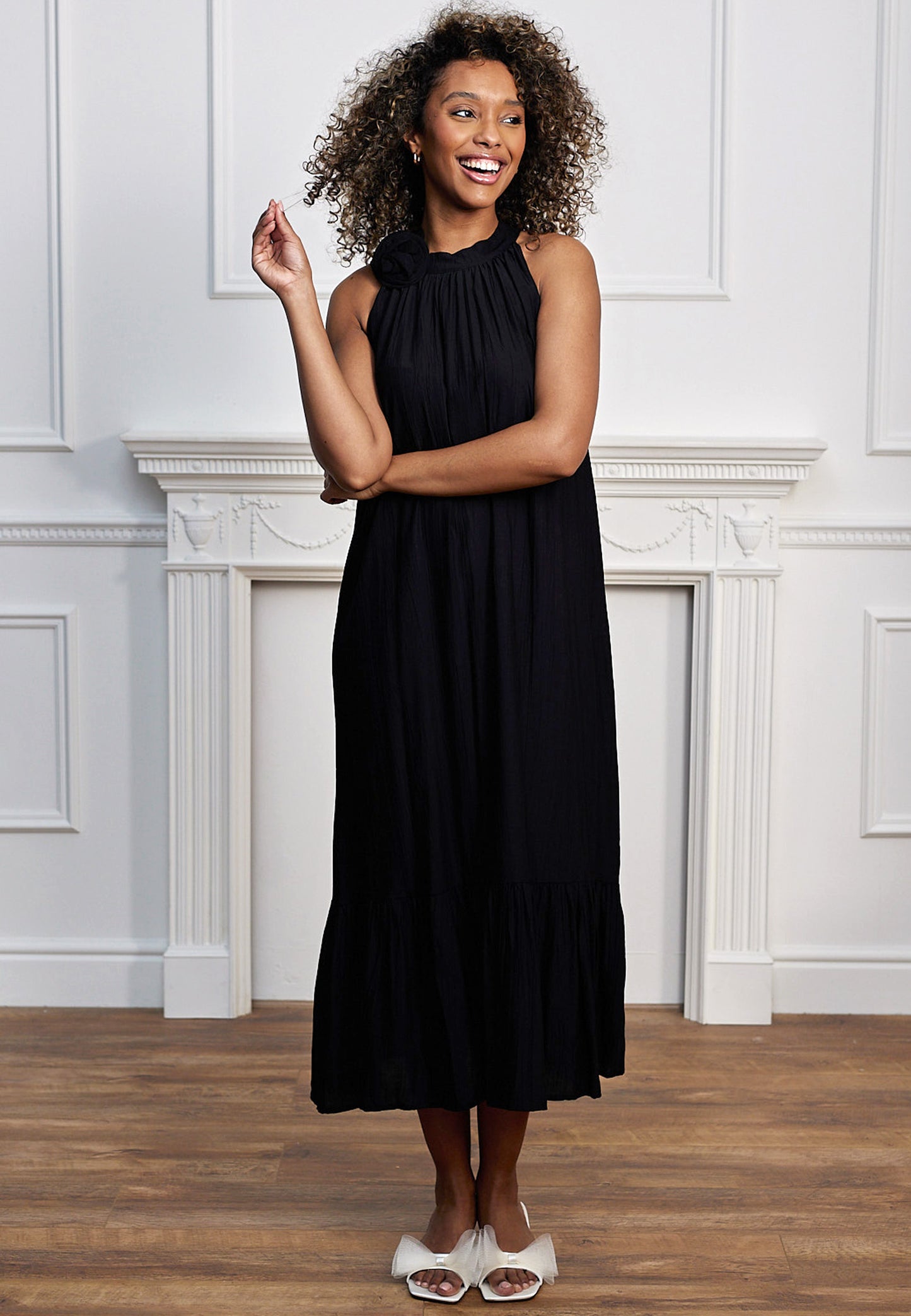 Halterneck Midi Dress with Rose Detail in Black