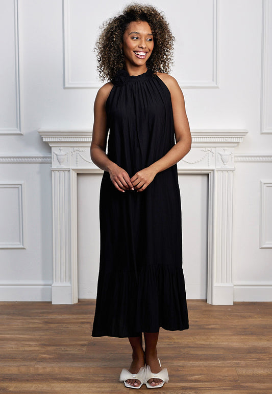 Halterneck Midi Dress with Rose Detail in Black