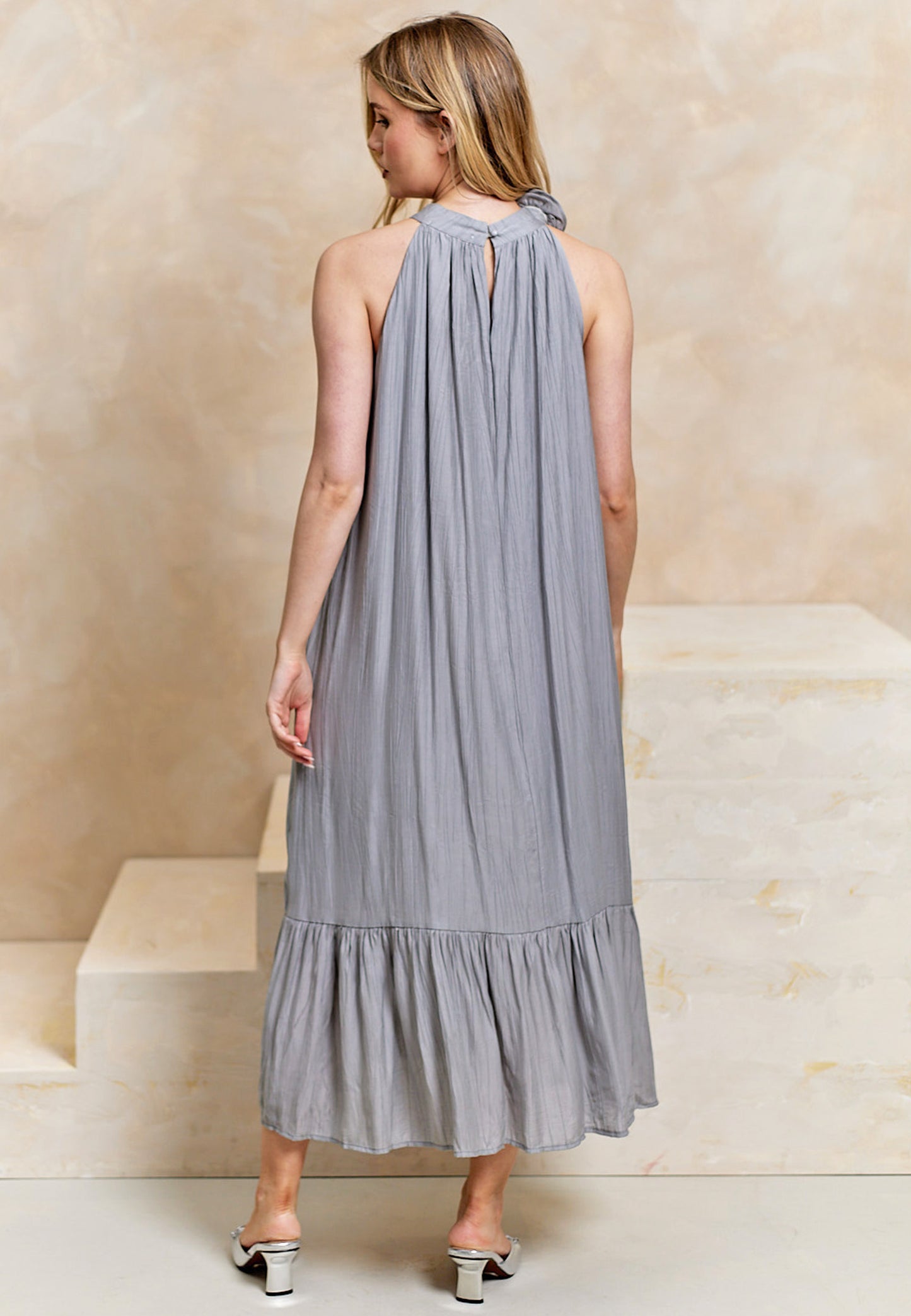 Halterneck Midi Dress with Rose Detail in Grey