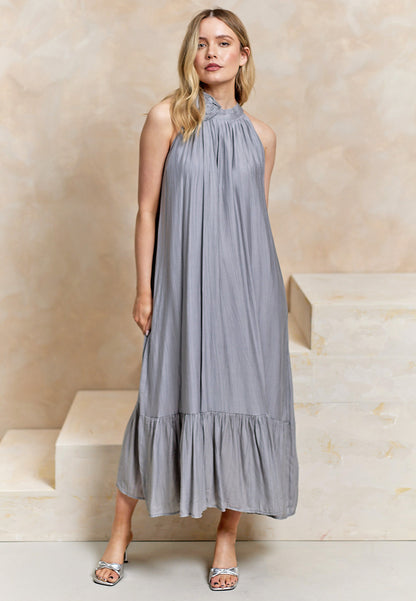 Halterneck Midi Dress with Rose Detail in Grey