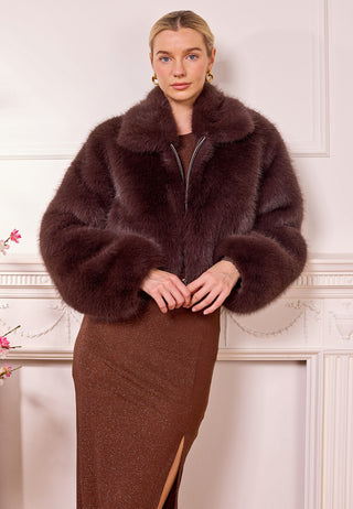 Short Faux Fur Coat with Zip in Brown