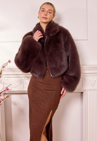 Short Faux Fur Coat with Zip in Brown