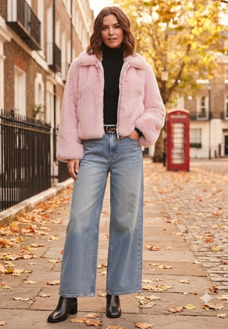 Short Faux Fur Coat with Zip in Pink
