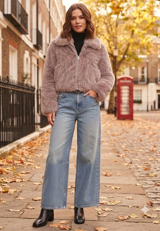 Short Faux Fur Coat with Zip in Mocha