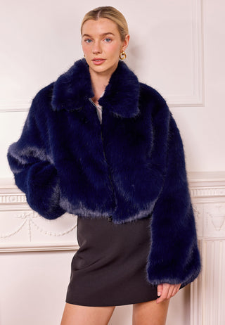 Short Faux Fur Coat with Zip in Navy