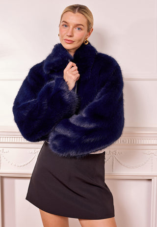 Short Faux Fur Coat with Zip in Navy