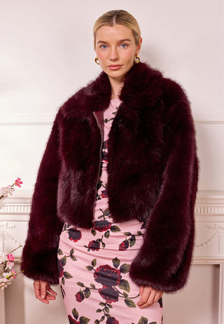 Short Faux Fur Coat with Zip in Plum