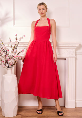 Midi Drop-Waist Red Halterneck Dress