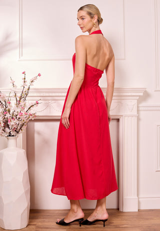 Midi Drop-Waist Red Halterneck Dress