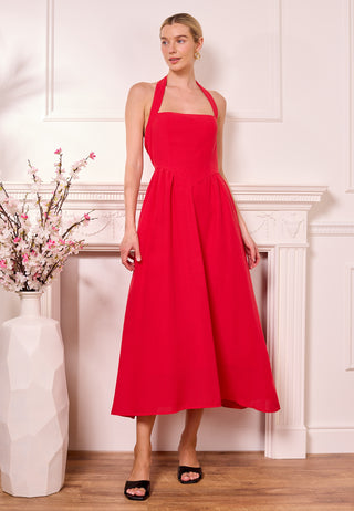 Midi Drop-Waist Red Halterneck Dress