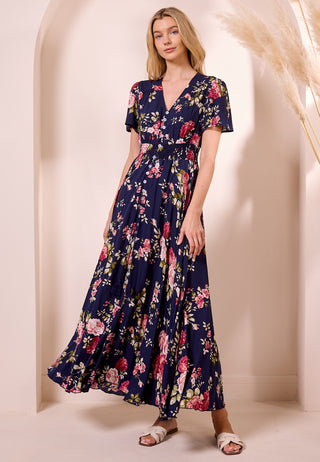 Ruched Waist Maxi Dress in Navy Floral Print