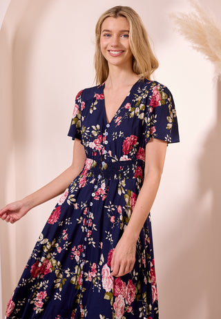 Ruched Waist Maxi Dress in Navy Floral Print