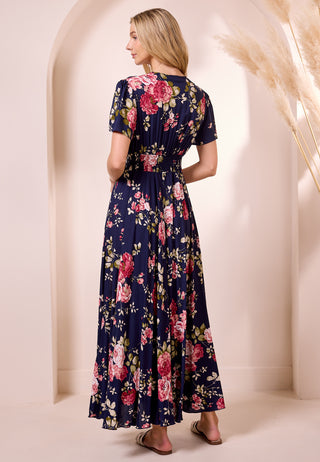 Ruched Waist Maxi Dress in Navy Floral Print