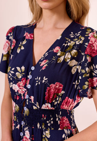 Ruched Waist Maxi Dress in Navy Floral Print