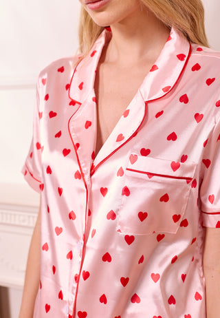 Pink Short Satin Pyjamas with Hearts