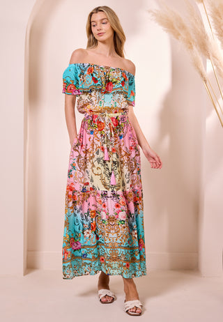 Luxe Bardot Maxi Pink Dress with Blue Borders in Premium Floral Garden Print