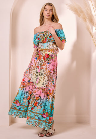 Luxe Bardot Maxi Pink Dress with Blue Borders in Premium Floral Garden Print