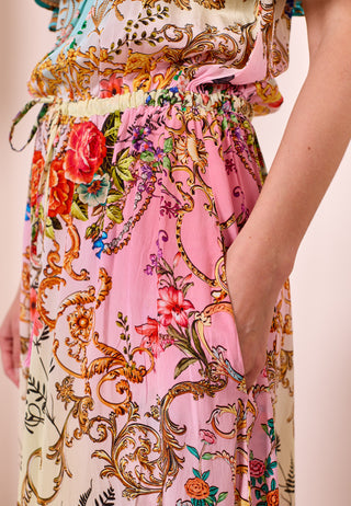 Luxe Bardot Maxi Pink Dress with Blue Borders in Premium Floral Garden Print