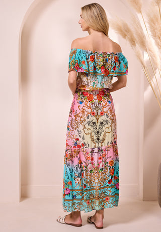 Luxe Bardot Maxi Pink Dress with Blue Borders in Premium Floral Garden Print