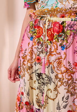 Luxe Bardot Maxi Pink Dress with Blue Borders in Premium Floral Garden Print