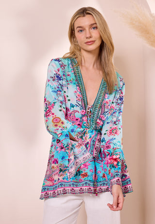 Luxe Bell Sleeve Blouse In Premium Multi Colour Boho Print