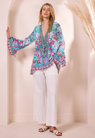 Luxe Bell Sleeve Blouse In Premium Multi Colour Boho Print