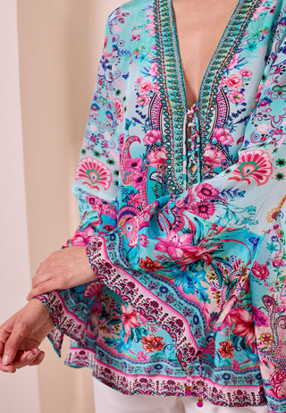 Luxe Bell Sleeve Blouse In Premium Multi Colour Boho Print