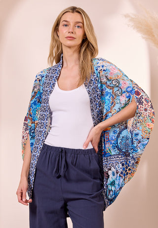 Luxe Blue Kimono In Premium Border Print