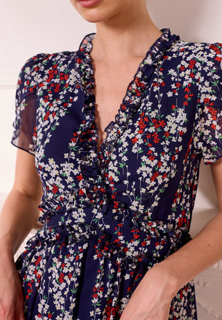 Floral Navy Midi Dress with Tulip Sleeves