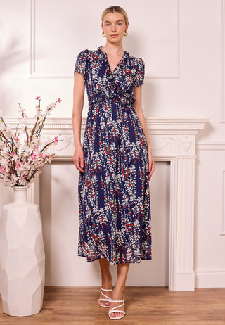 Floral Navy Midi Dress with Tulip Sleeves