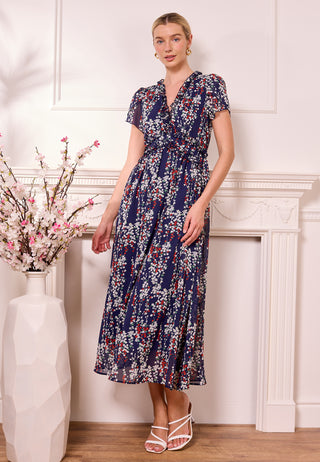 Floral Navy Midi Dress with Tulip Sleeves