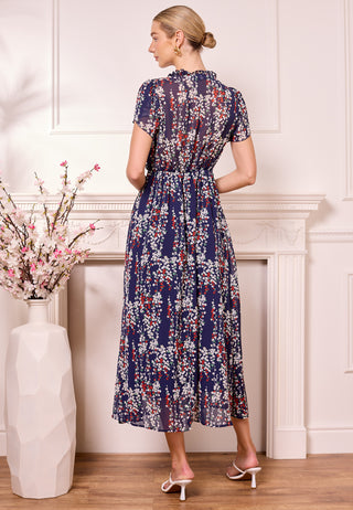 Floral Navy Midi Dress with Tulip Sleeves