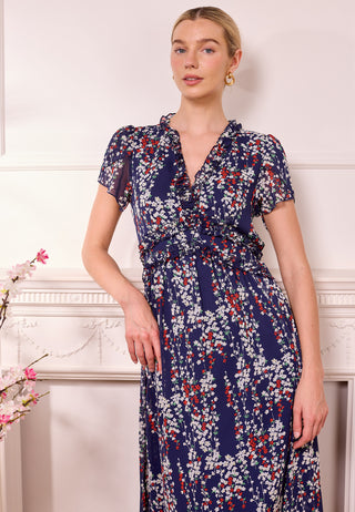Floral Navy Midi Dress with Tulip Sleeves