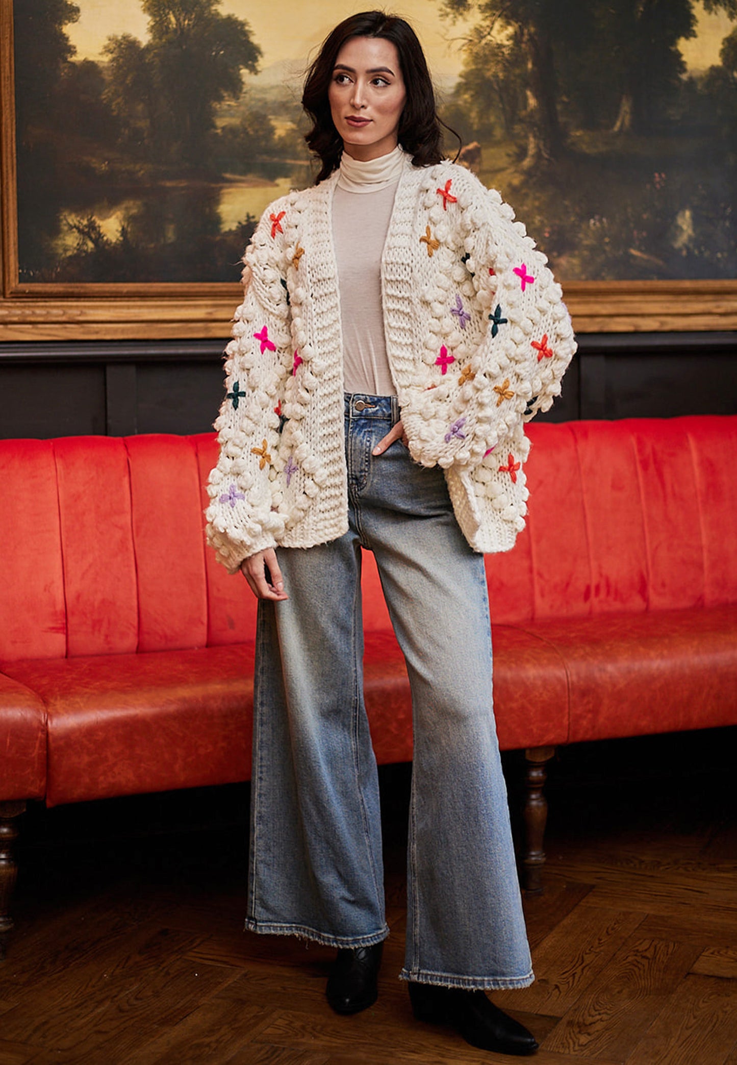 Cream Oversized Cardigan With Rainbow Stitch Detail