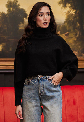 Turtle Neck Cropped Knit Jumper in Black