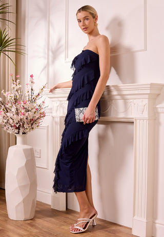 Navy Mesh Bias Ruffled Midi Bandeau Dress