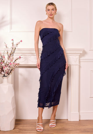 Navy Mesh Bias Ruffled Midi Bandeau Dress