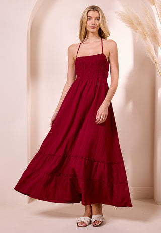 Ruched Top Halterneck Maxi Dress in Wine
