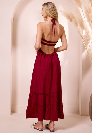 Ruched Top Halterneck Maxi Dress in Wine