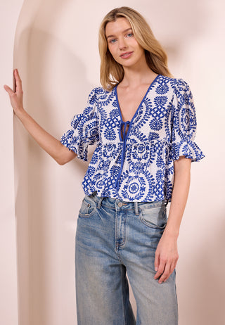 White Peplum Top with Blue Embroidery Print