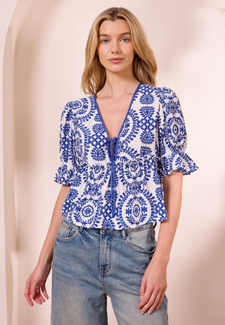 White Peplum Top with Blue Embroidery Print