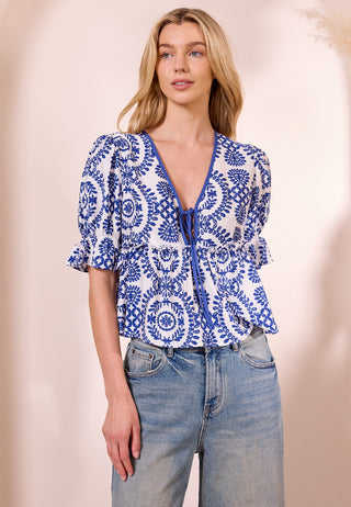 White Peplum Top with Blue Embroidery Print