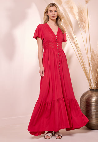 Red Maxi Dress with Crochet and Buttons