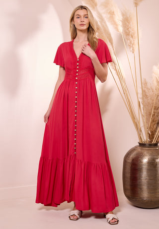 Red Maxi Dress with Crochet and Buttons
