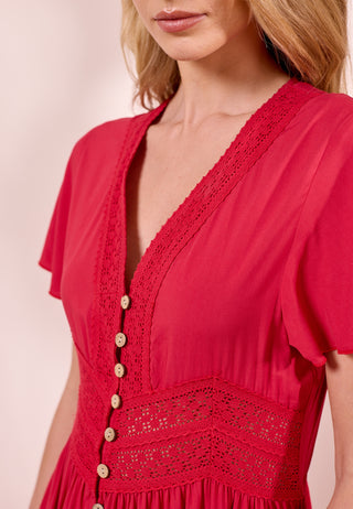 Red Maxi Dress with Crochet and Buttons
