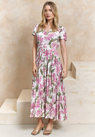 Ruched Waist Maxi Dress in Pink Floral Print
